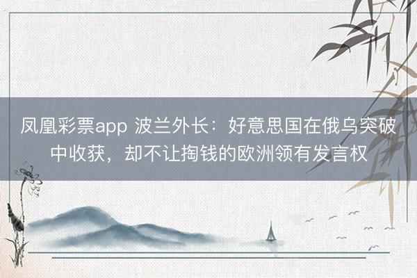 凤凰彩票app 波兰外长：好意思国在俄乌突破中收获，却不让掏钱的欧洲领有发言权